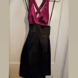 Satin magenta & black cross back halter dress